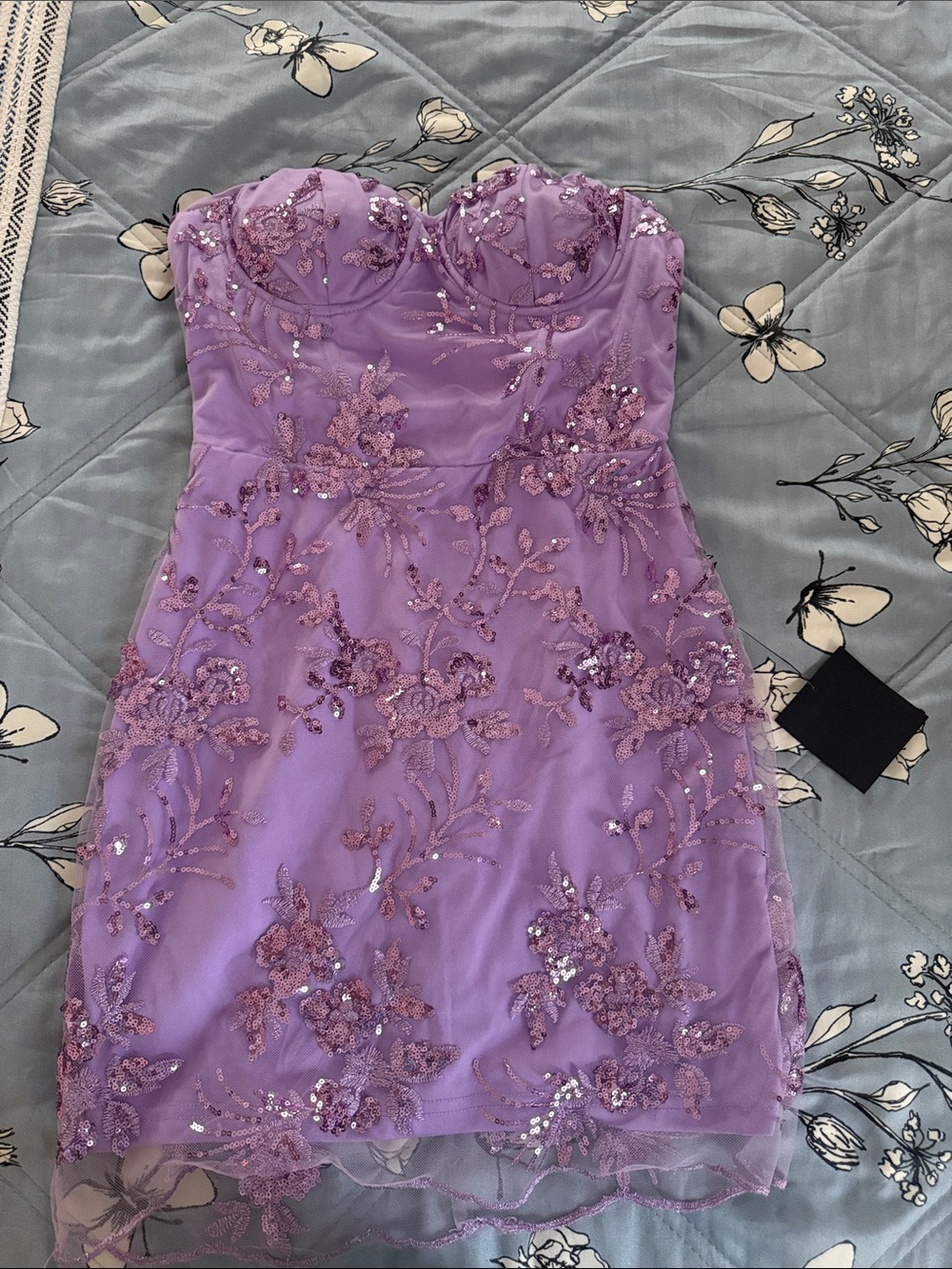 Lulus Strapless Lavender Floral Sequin Dress